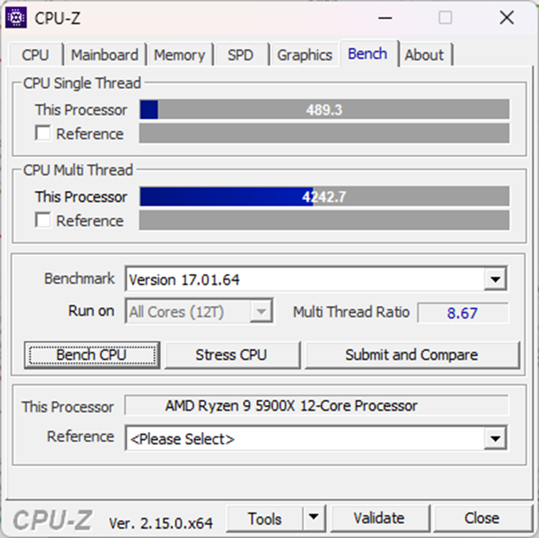 Benchmark CPU-Z con la CPU a mitad de rendimiento
