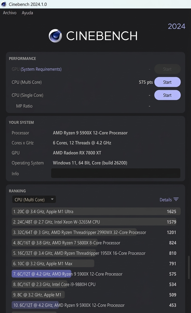 Cinebench multi core con rendimiento reducido
