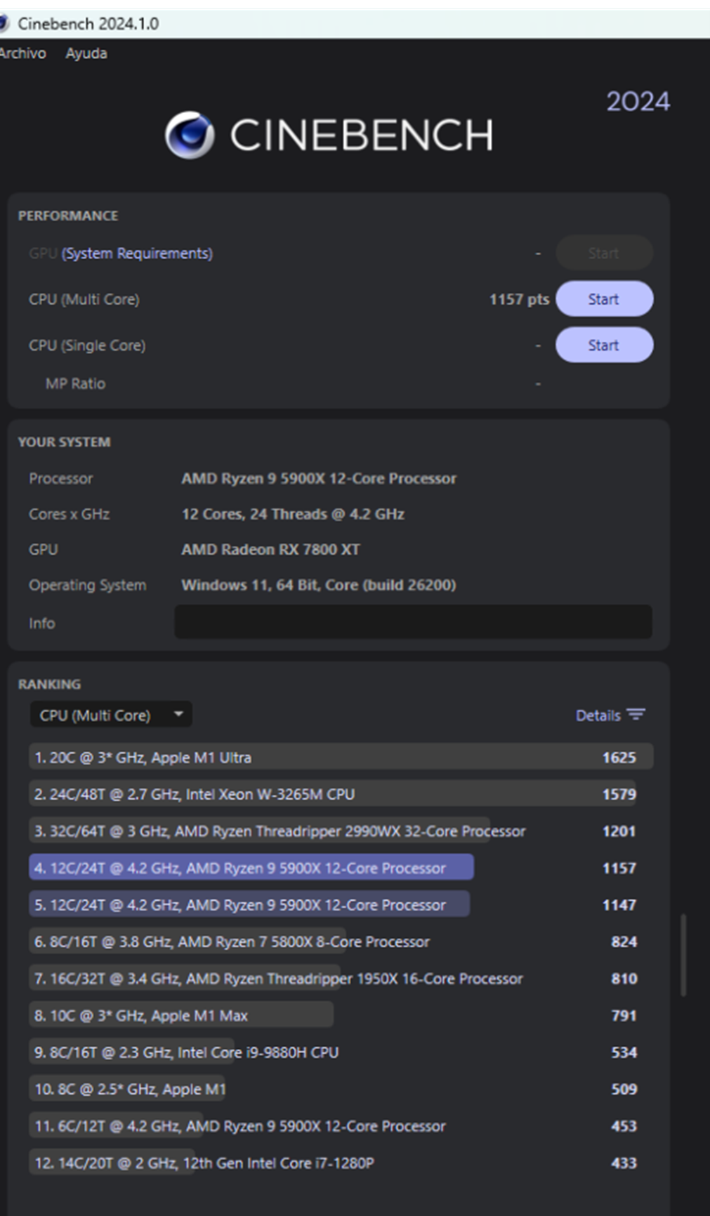 Cinebench multi core con rendimiento correcto