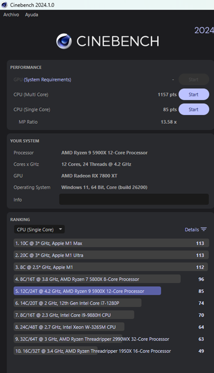 Cinebench single core con rendimiento correcto