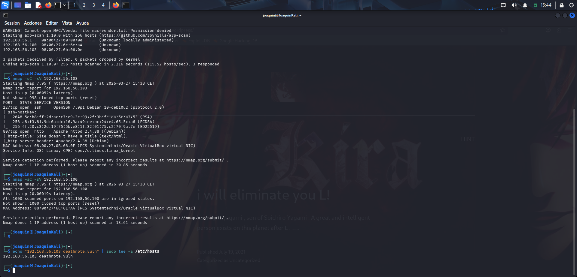 Asociación manual de deathnote.vuln en el archivo hosts