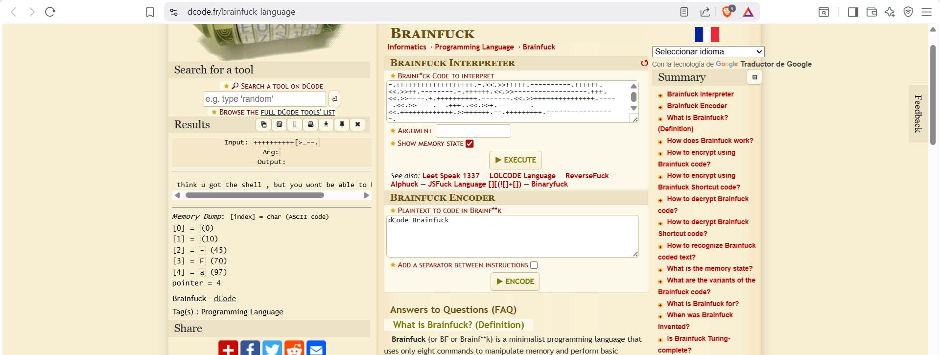 Decodificación de la pista con un intérprete Brainfuck