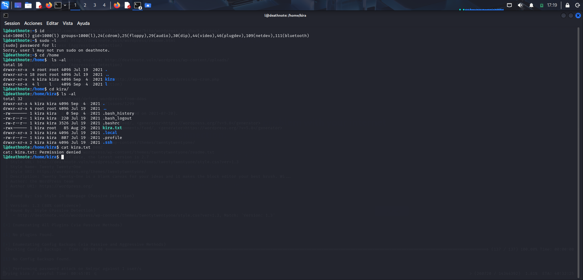 Enumeración local inicial y archivo kira.txt no legible
