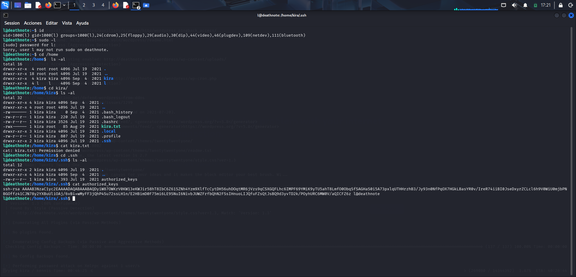 Revisión de .ssh y authorized_keys del usuario kira