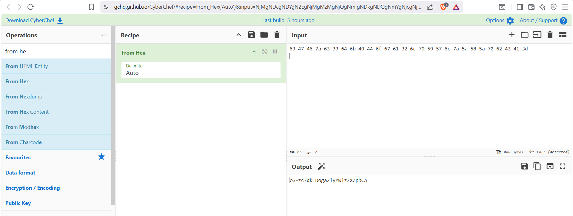 Transformación de hexadecimal a Base64 en CyberChef