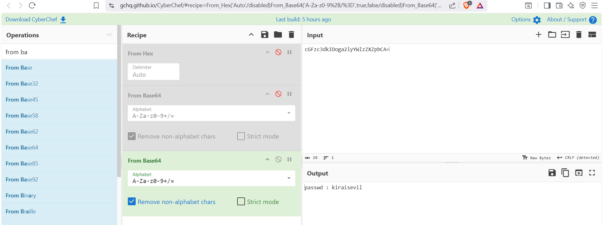 Obtención de la contraseña kiraisevil en CyberChef