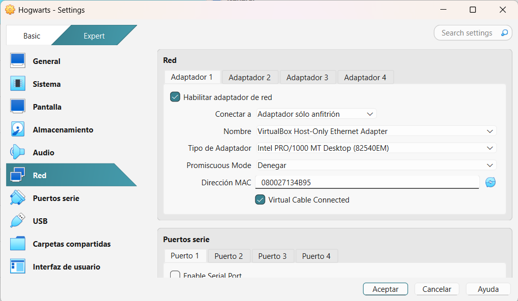Configuración de red en modo Adaptador sólo anfitrión para el laboratorio Dobby