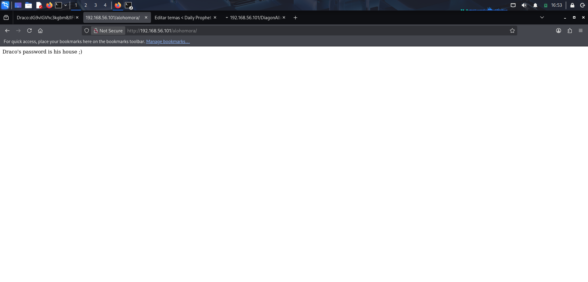 Acceso a la ruta alohomora con la pista sobre la contraseña de draco