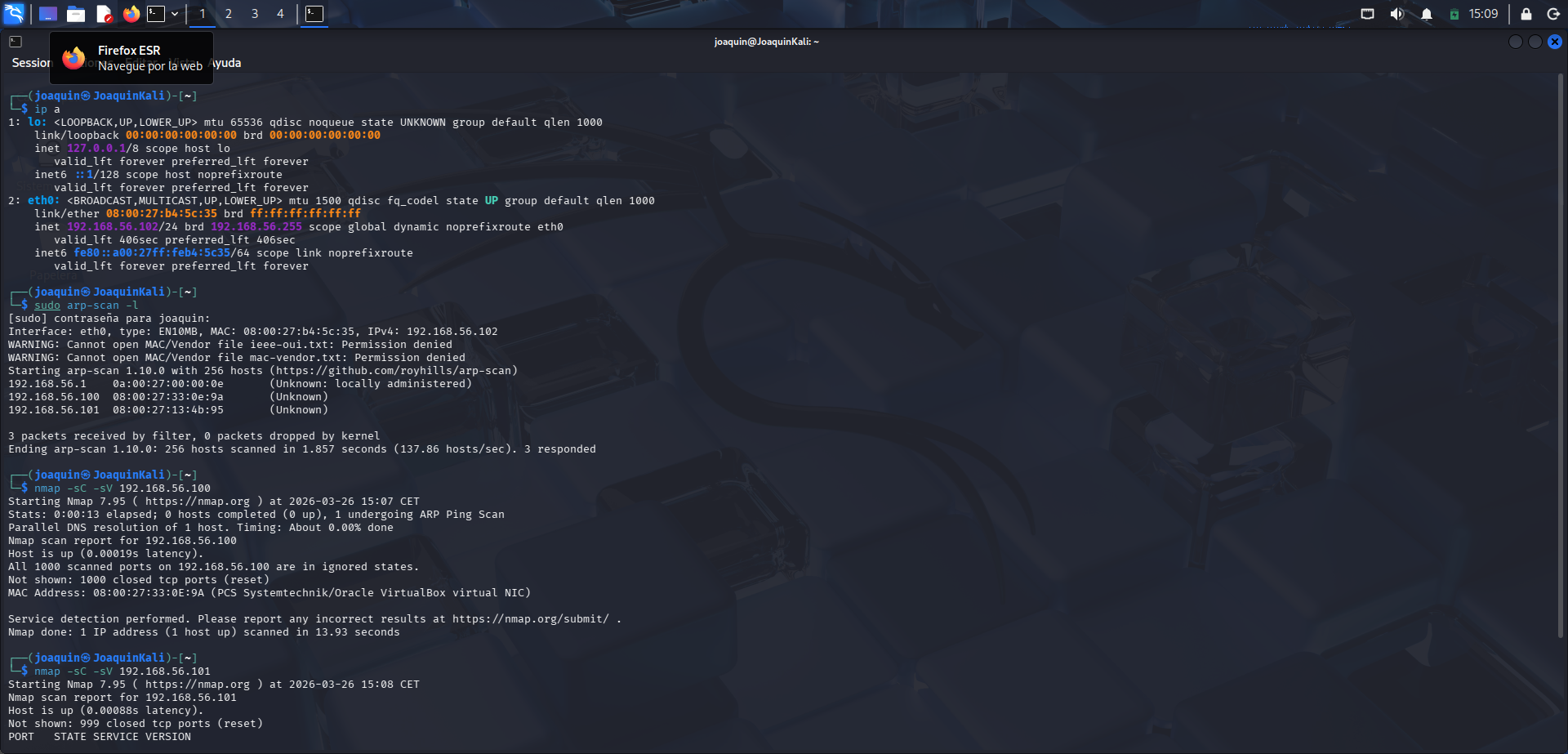 Enumeración inicial de red con ip a, arp-scan y nmap en Dobby