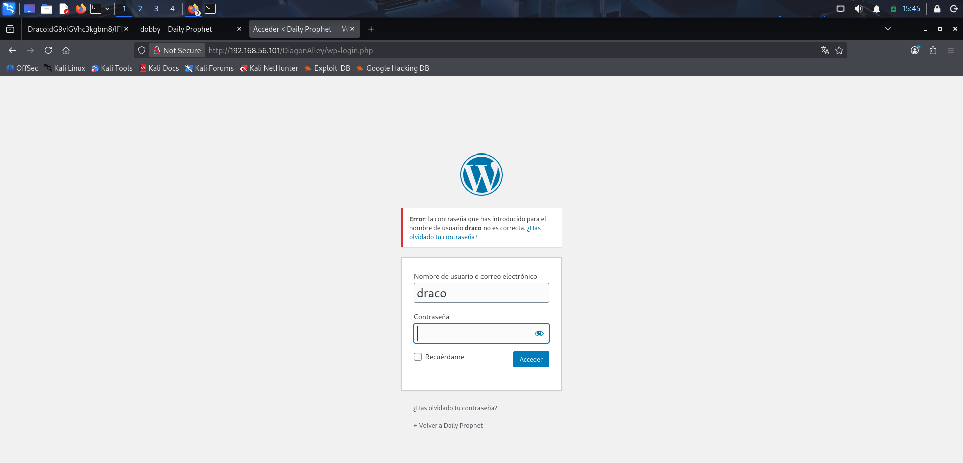 Formulario de acceso de WordPress mostrando que el usuario draco existe