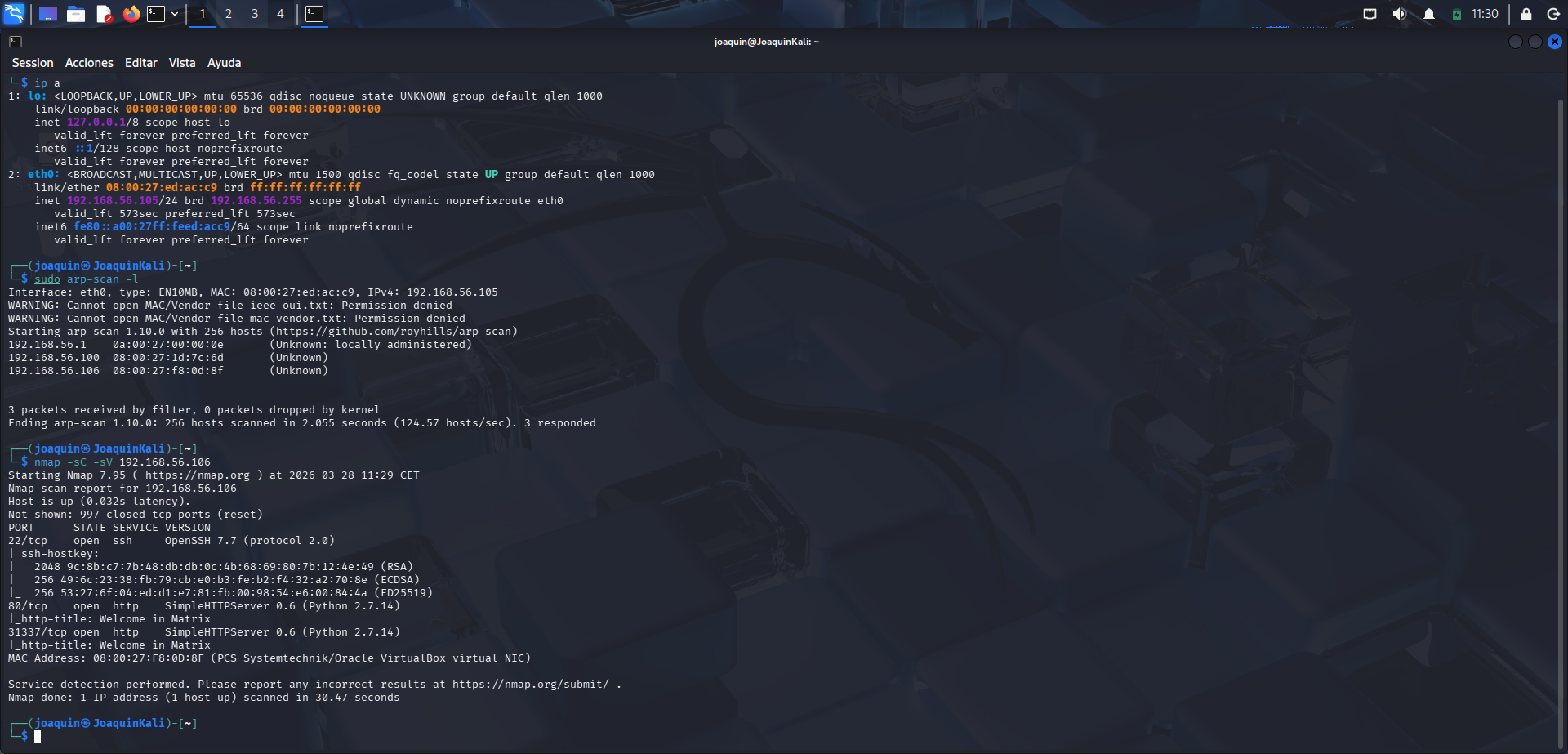 Escaneo de red y descubrimiento de servicios en la máquina objetivo Matrix
