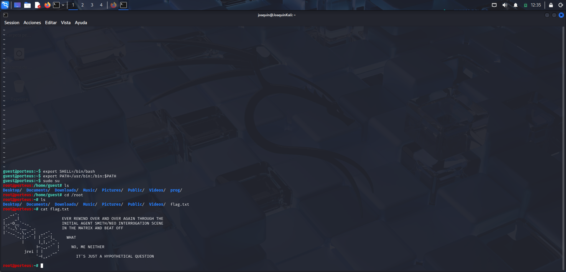Lectura de la flag final tras obtener acceso root al sistema