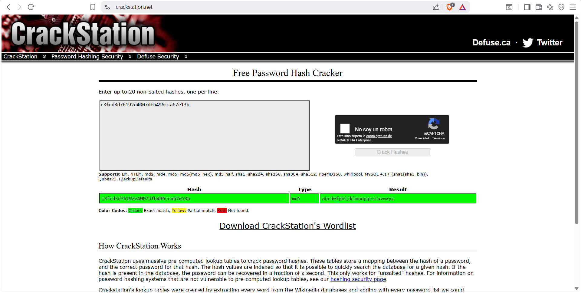 Resolución del hash MD5 en CrackStation