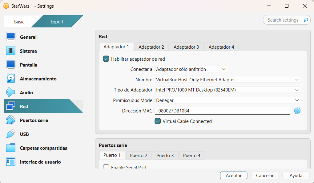 Configuración de red en VirtualBox para StarWars 1