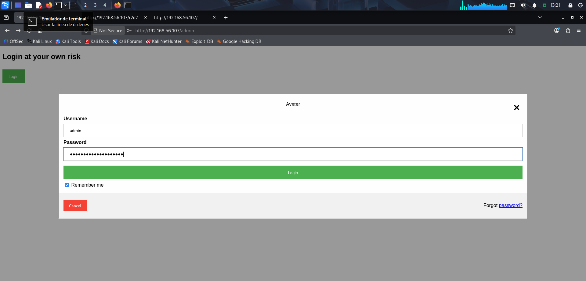 Prueba de acceso en el formulario de admin