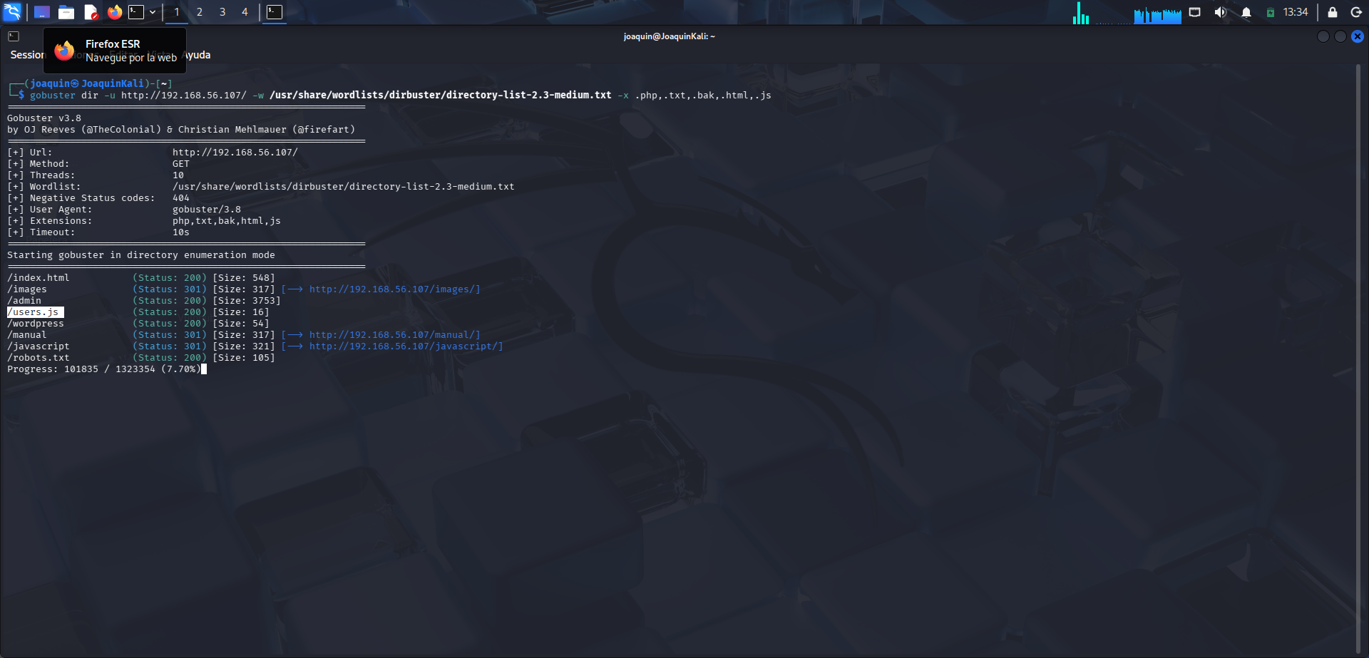Gobuster buscando también archivos js