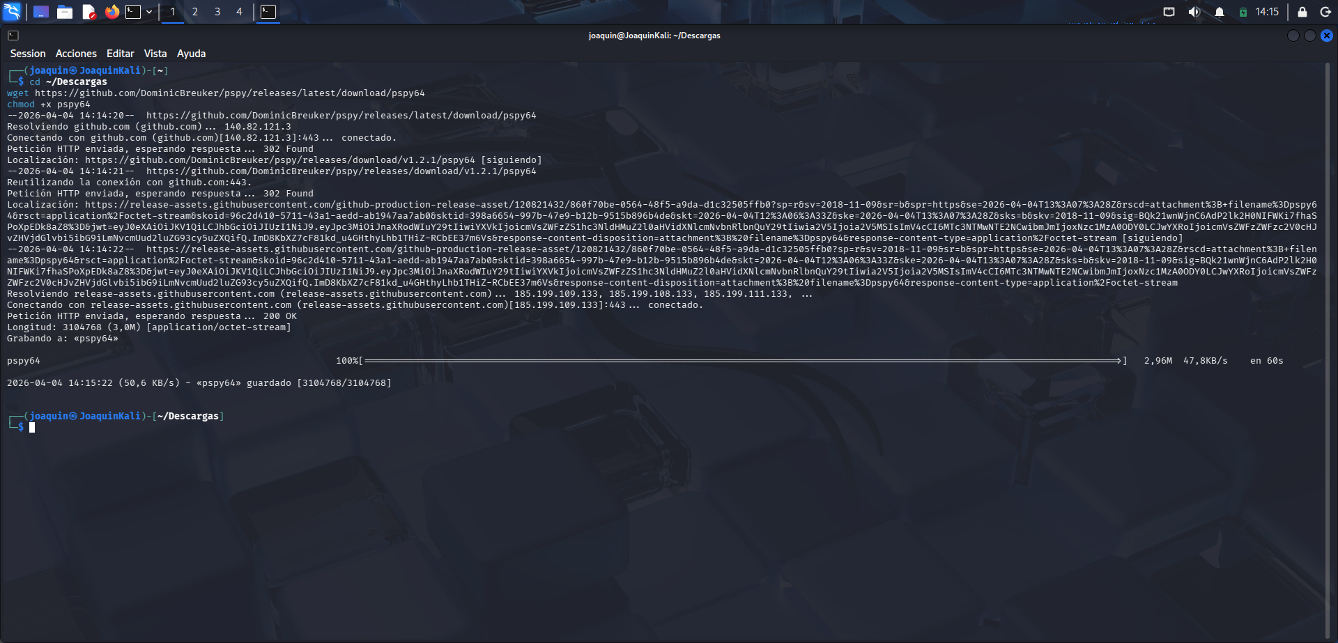 Descarga de pspy64 desde GitHub