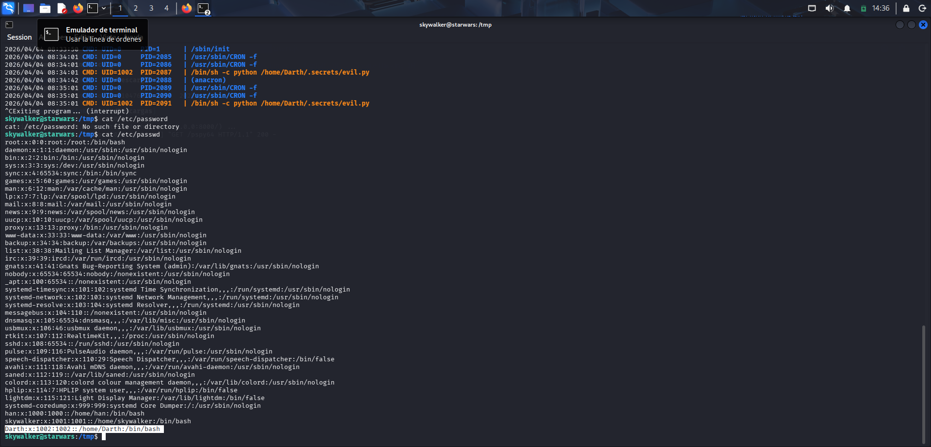 Consulta de etc passwd y acceso al home de Darth