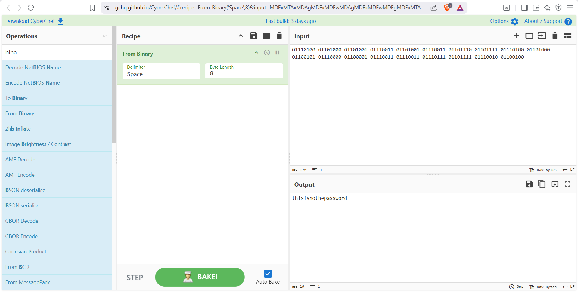 Conversión del binario en CyberChef