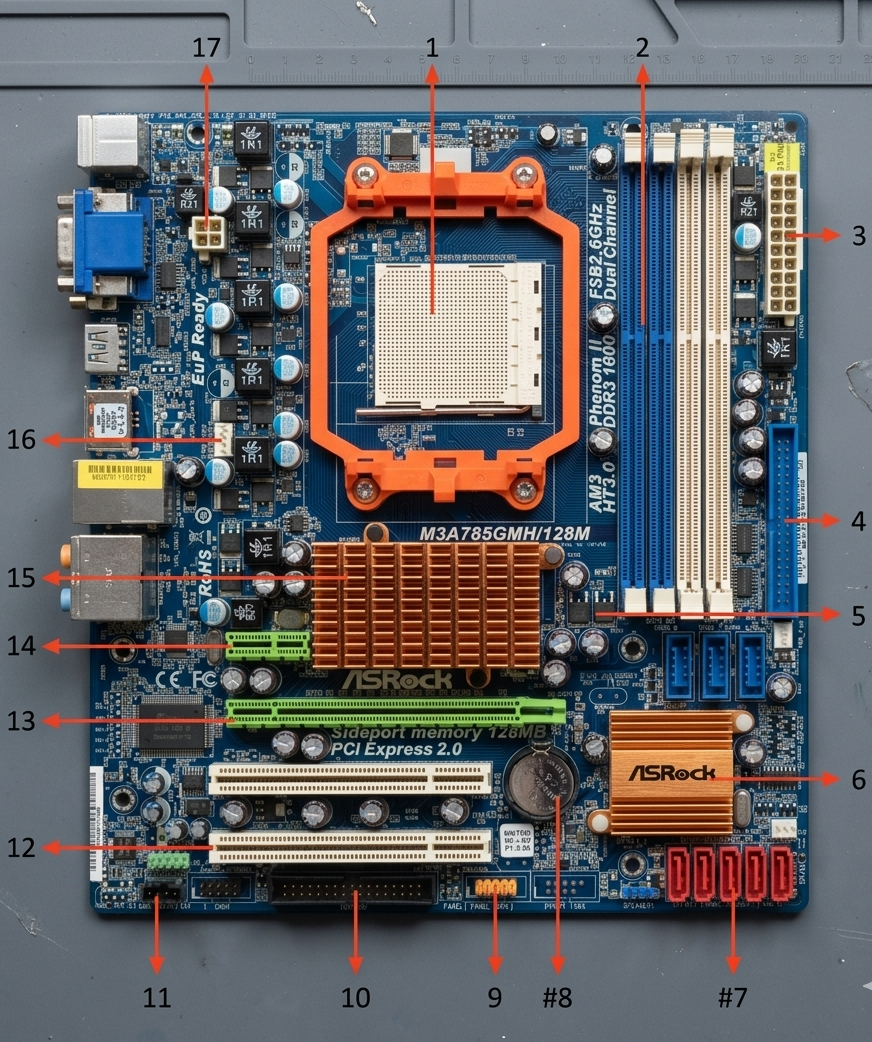 Placa base 1 con componentes numerados