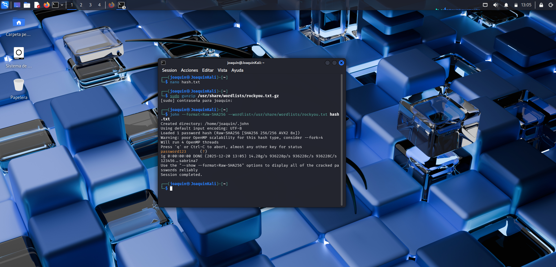 Uso de John the Ripper con el diccionario rockyou para recuperar la contraseña