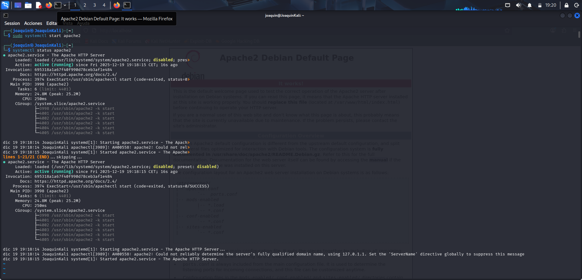 Arranque del servicio Apache y comprobación de su estado