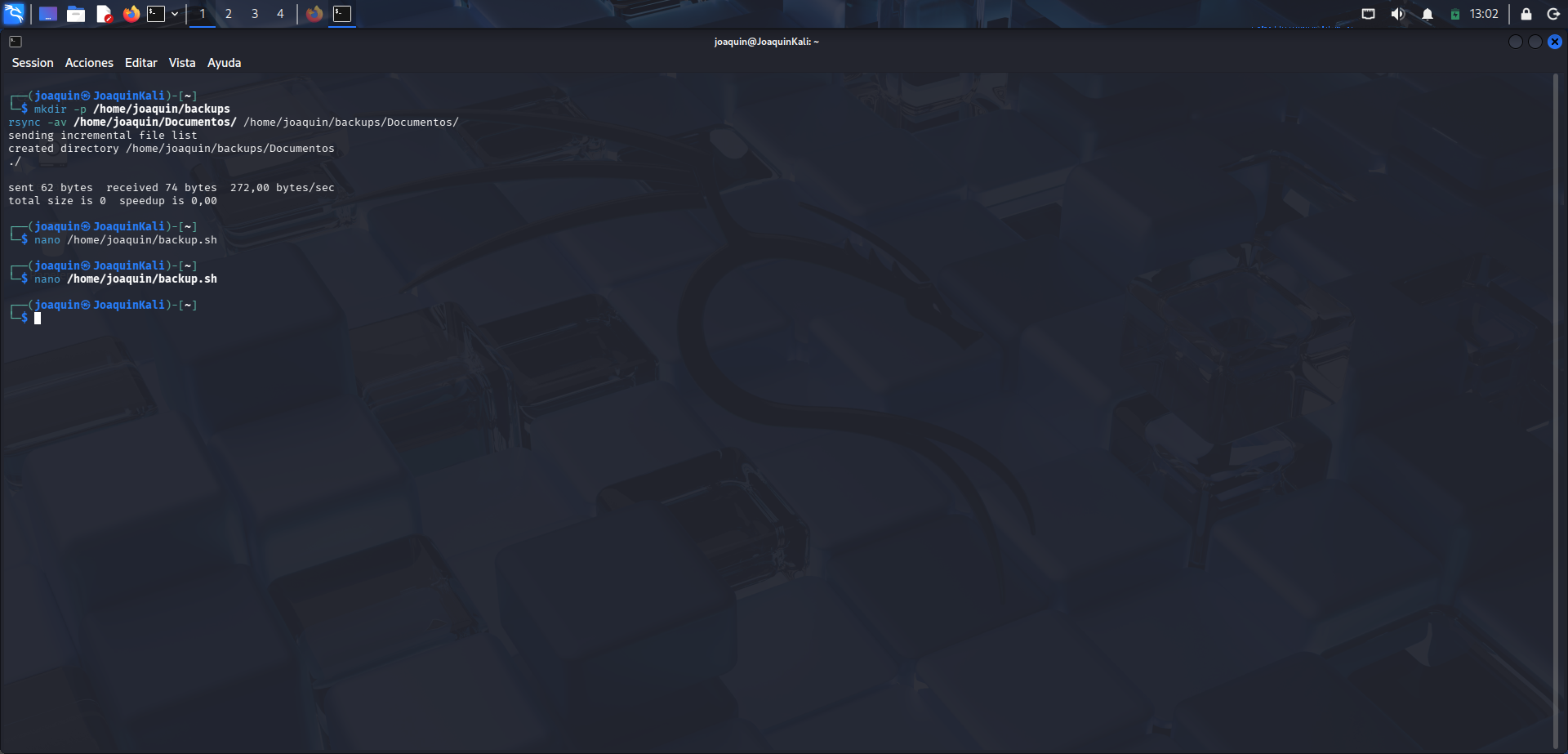 Apertura del archivo backup.sh con Nano