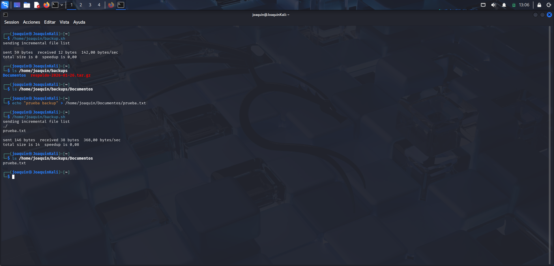 Comprobación práctica del backup mediante un archivo de prueba