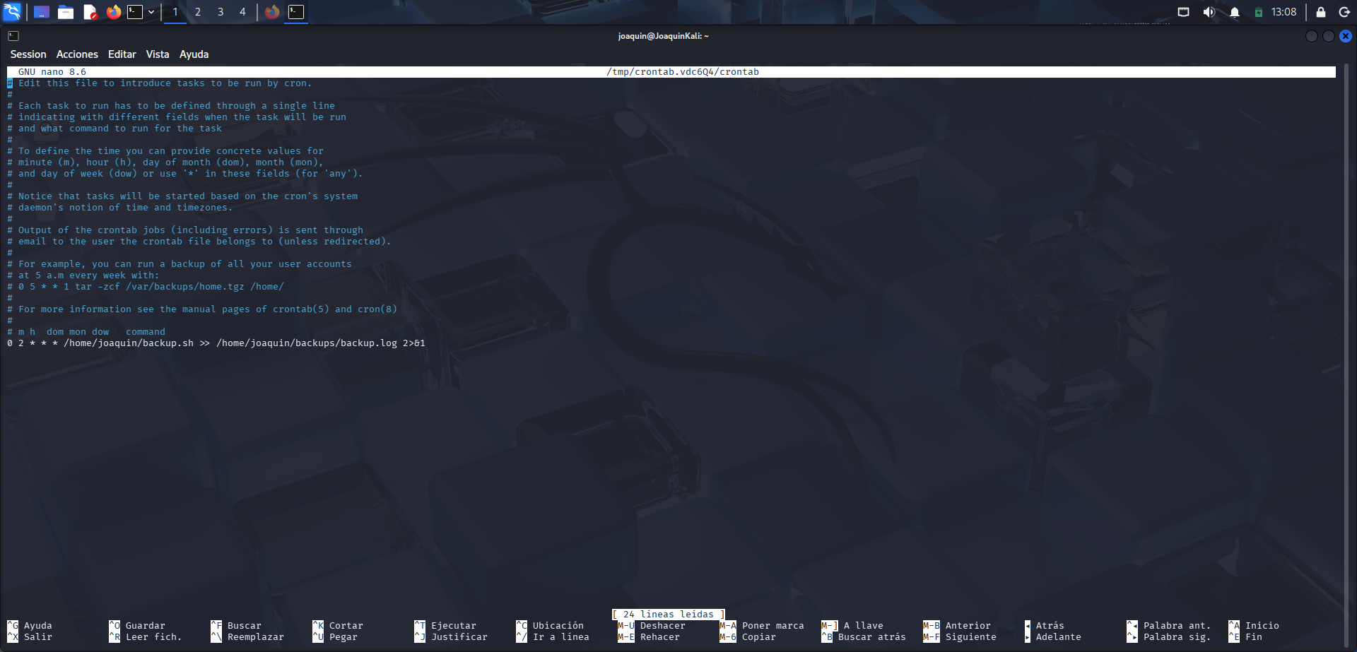 Edición de crontab para programar la ejecución automática del script