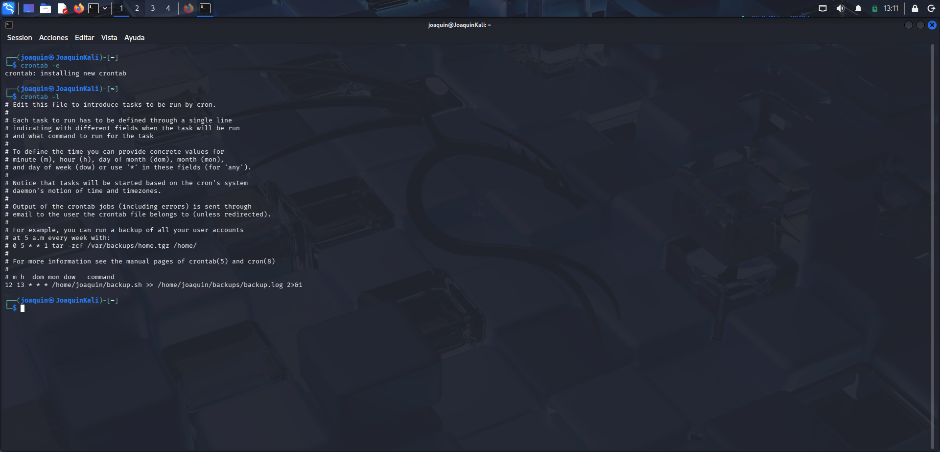 Comprobación del contenido de crontab para verificar la tarea programada