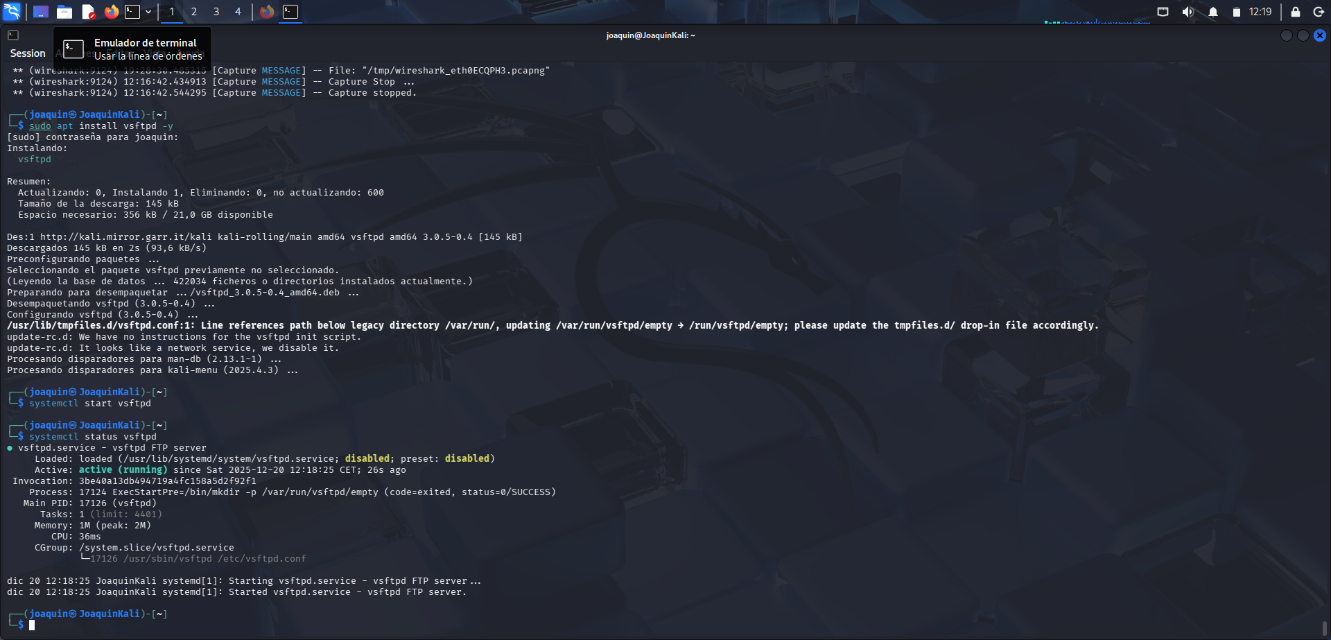 Instalación y arranque del servicio vsftpd en Kali Linux