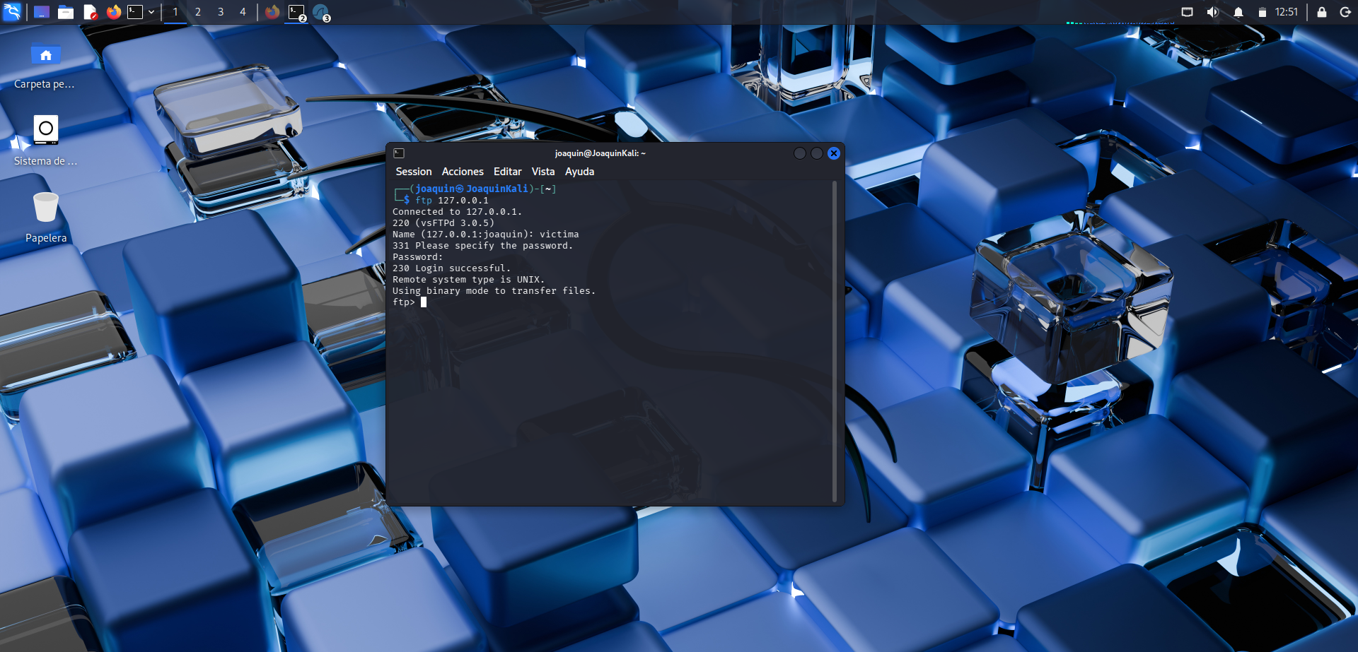 Conexión vía FTP con el usuario víctima