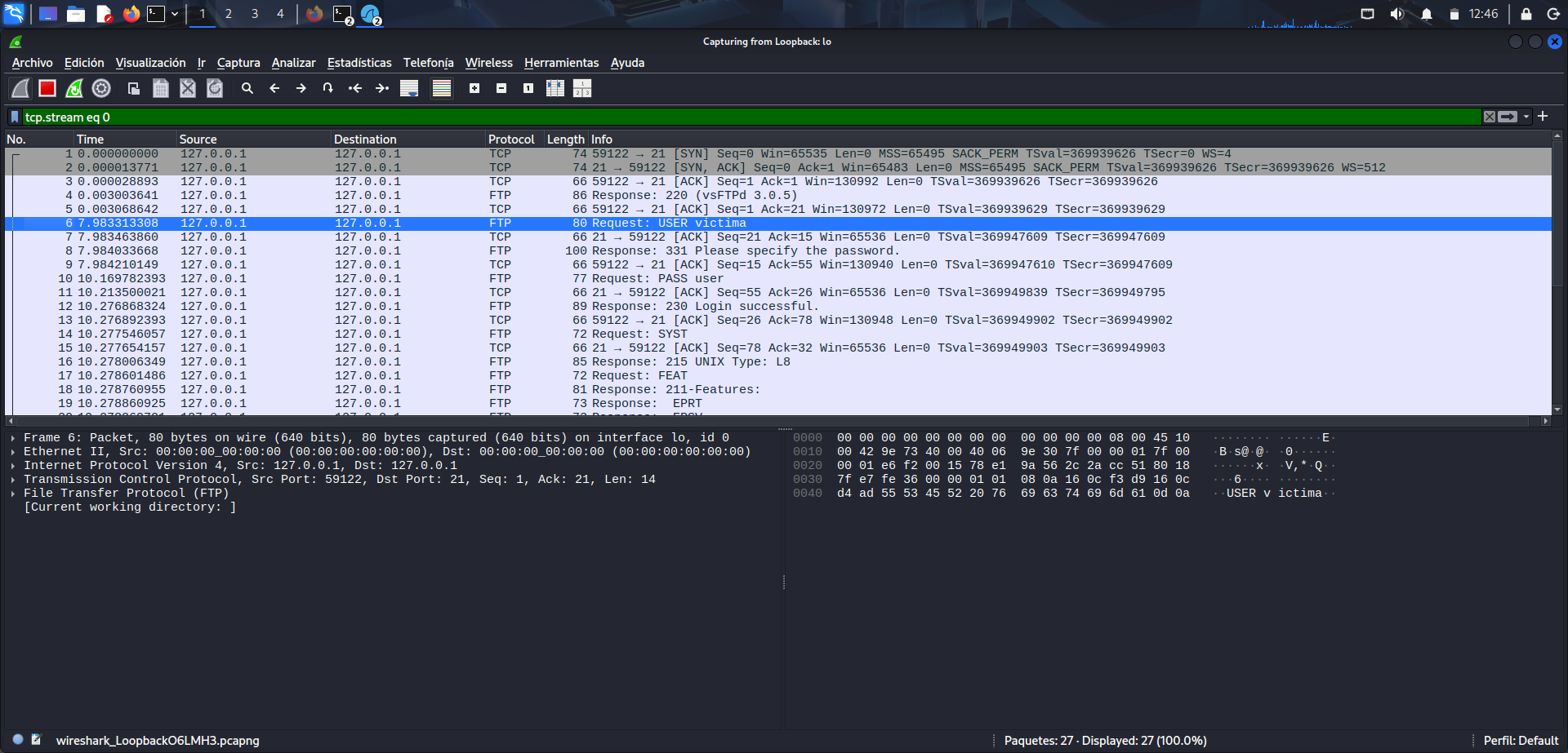 Captura del tráfico FTP en Wireshark