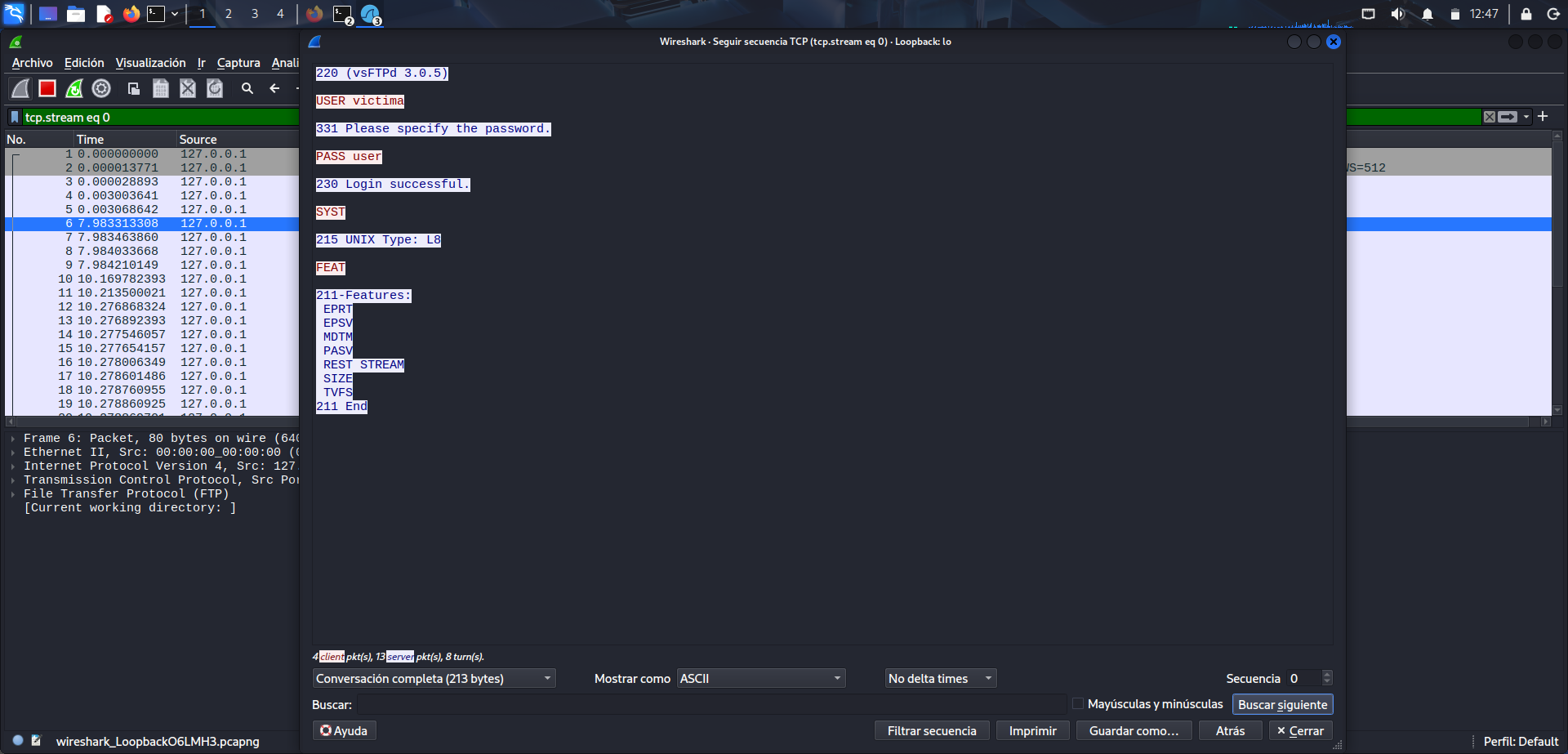 Visualización de la contraseña FTP en texto plano en Wireshark