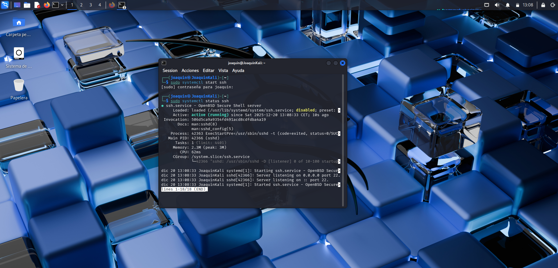 Conexión SSH con el usuario víctima para comparar con FTP