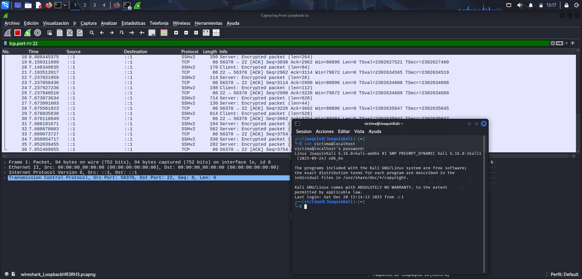 Captura del tráfico SSH en Wireshark