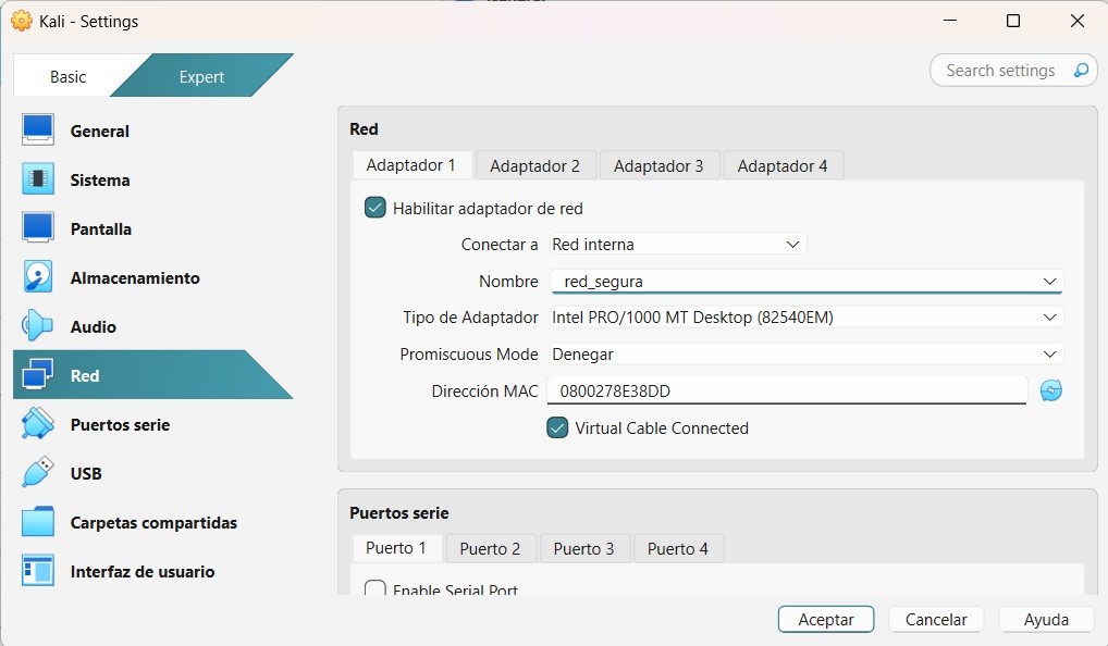 Selección de red interna en VirtualBox