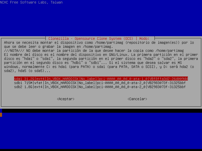 Inicio de Clonezilla y selección del repositorio de imágenes