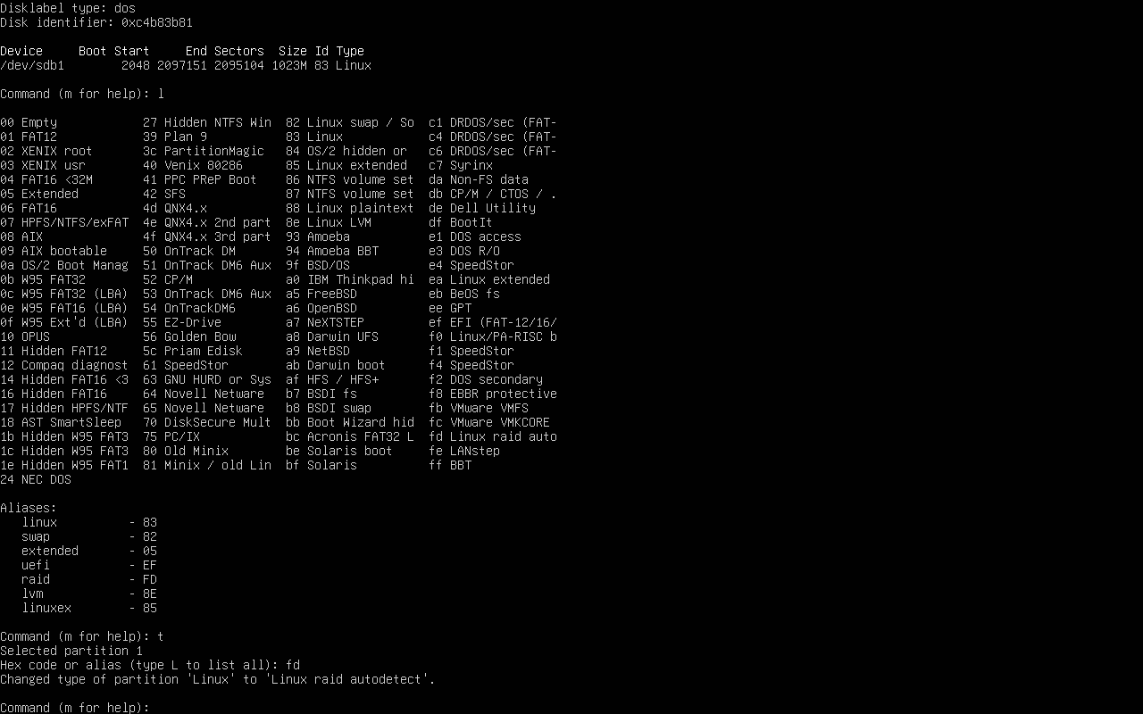 Cambio del tipo de partición a Linux raid autodetect
