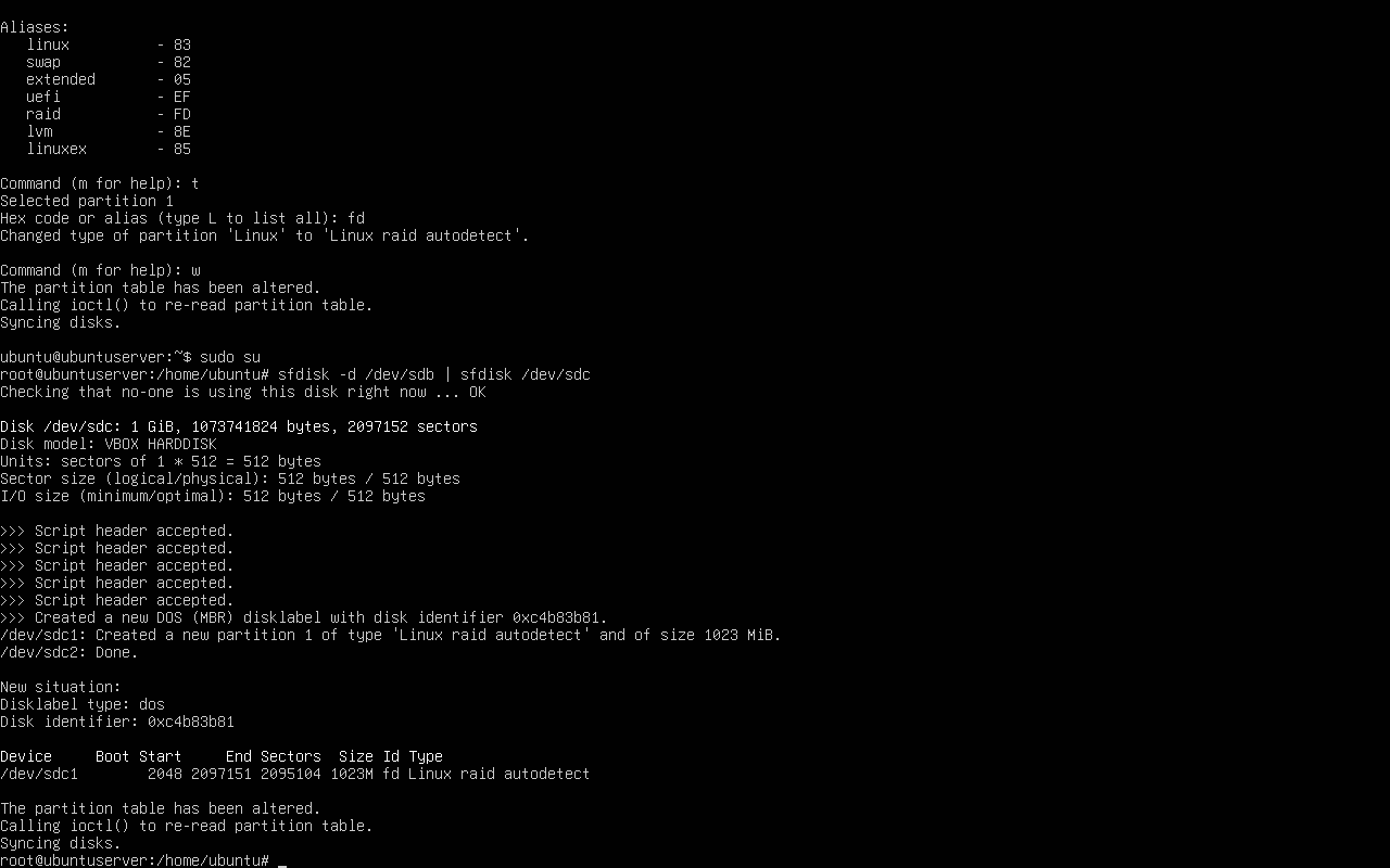 Replicación de la tabla de particiones de /dev/sdb sobre /dev/sdc