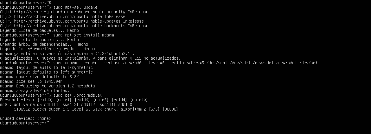 Creación del dispositivo /dev/md0 como RAID 6