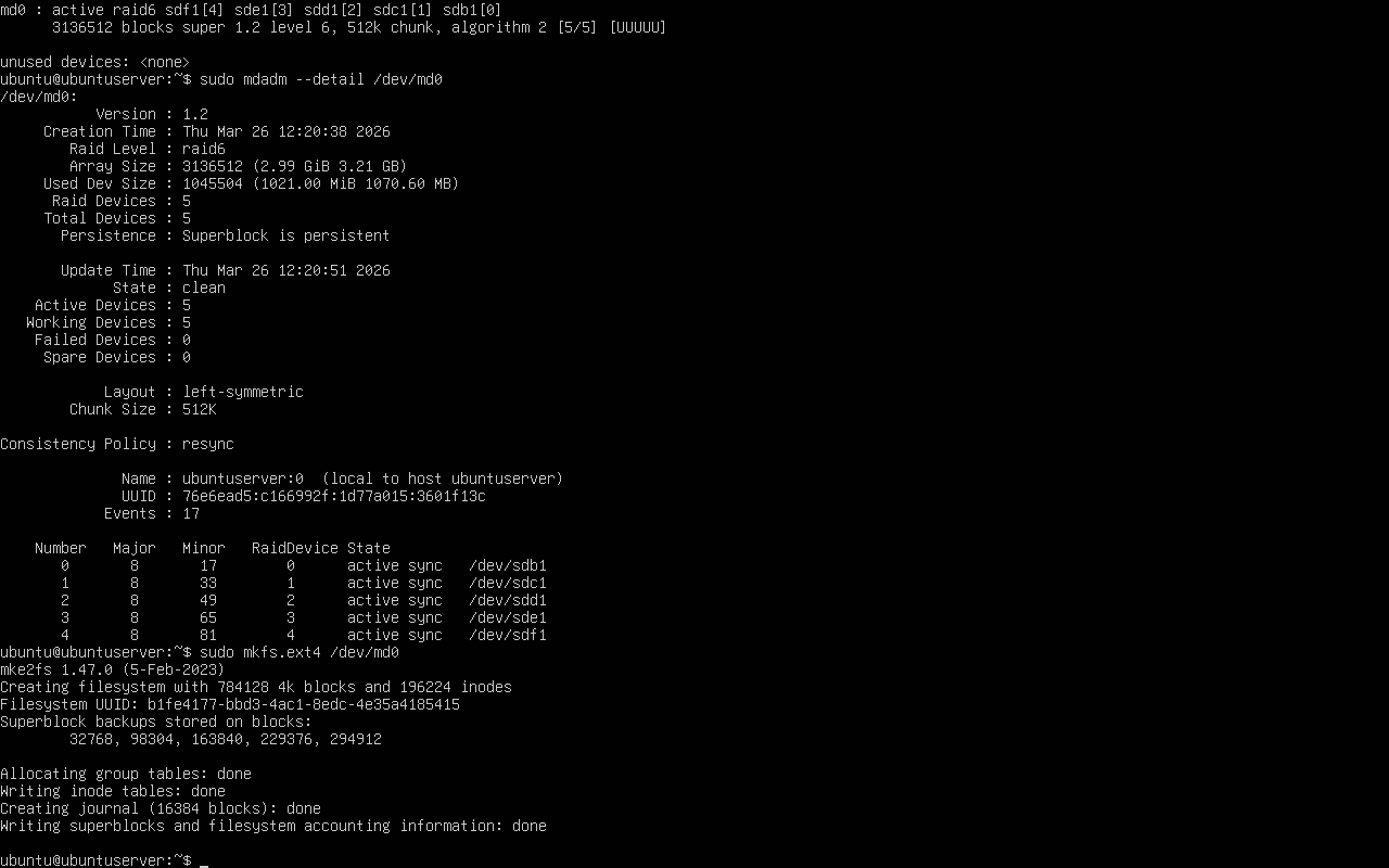 Formateo del dispositivo RAID /dev/md0 con ext4