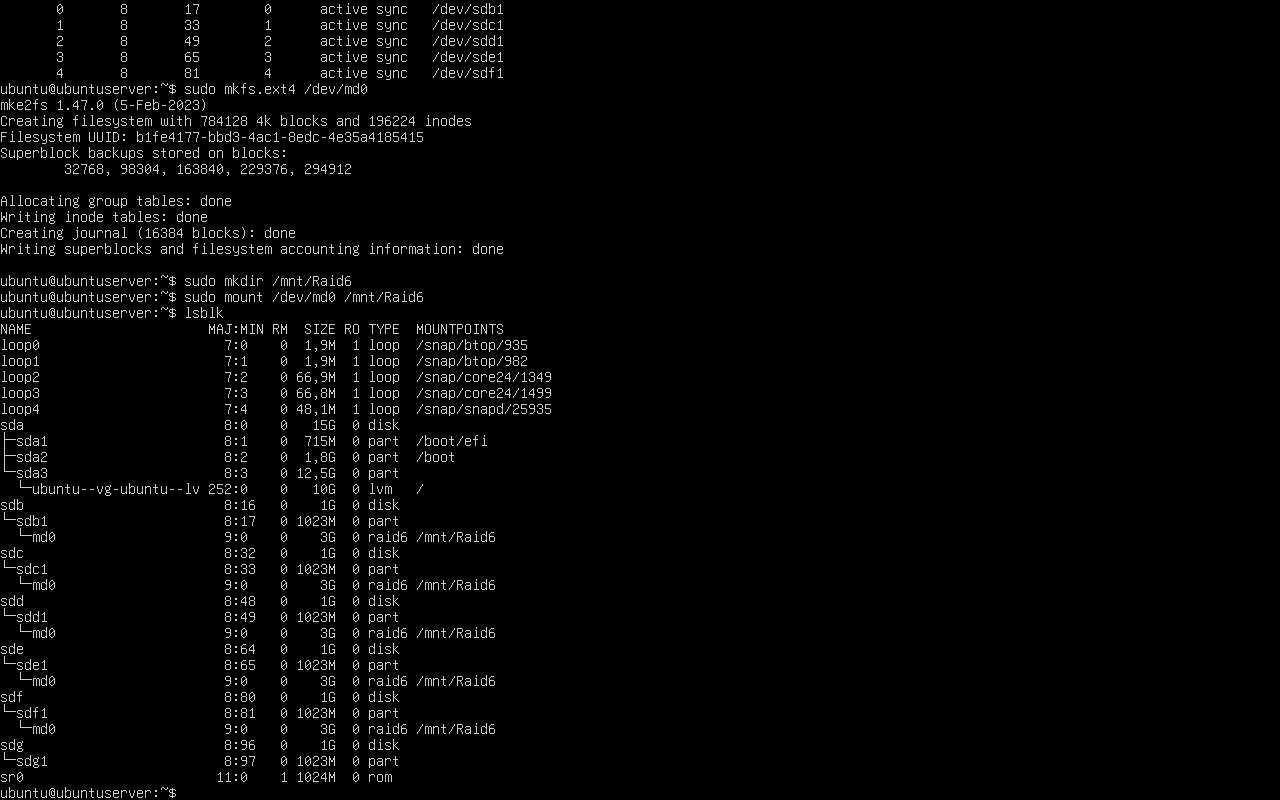 Montaje del RAID 6 y verificación con lsblk