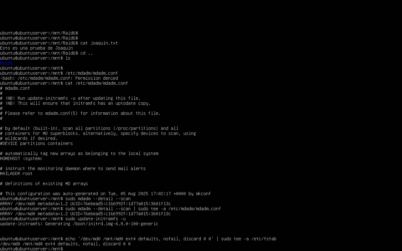 Verificación del archivo de prueba y configuración persistente del RAID