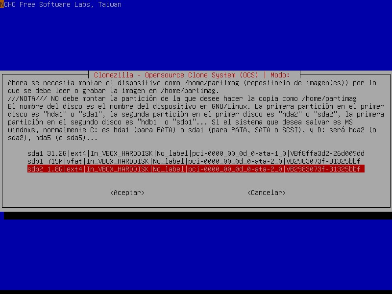 Selección de la partición /dev/sdb2 como repositorio de imágenes