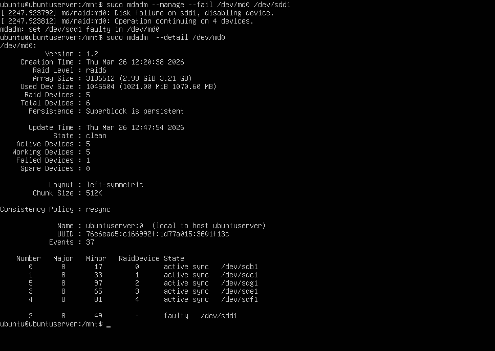 Simulación del fallo de un disco del RAID y activación del spare