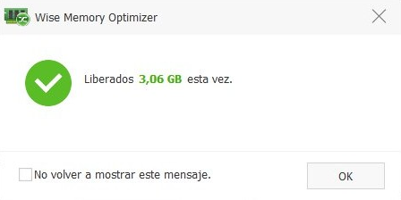Confirmación de memoria liberada por Wise Memory Optimizer